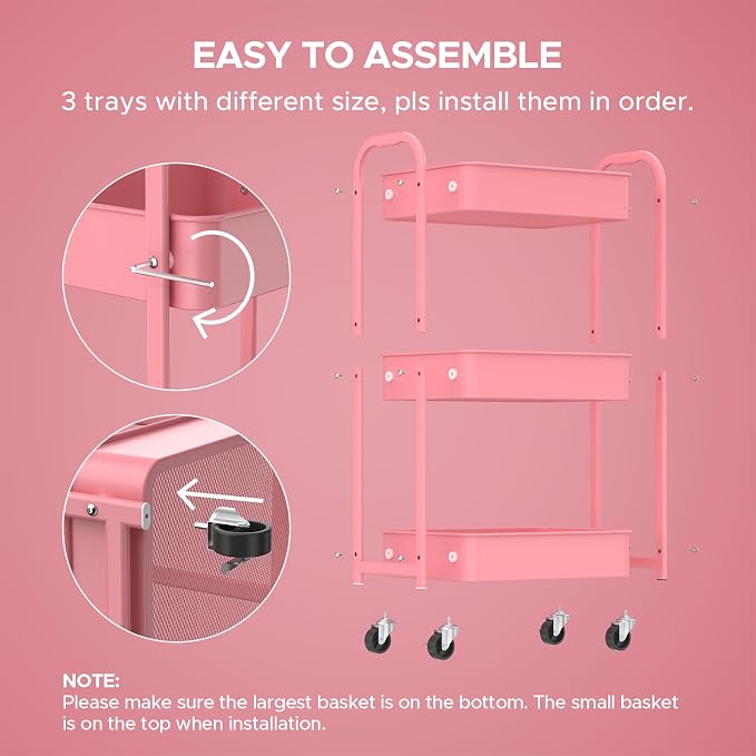 MAX Houser 3-Tier Rolling Utility Cart with Caster Wheels,Easy Assembly, for Kitchen, Bathroom (Pink) | Easy Assembly, multi-purpose storage trolley for kitchen, rolling cart with smooth caster wheels for bathroom