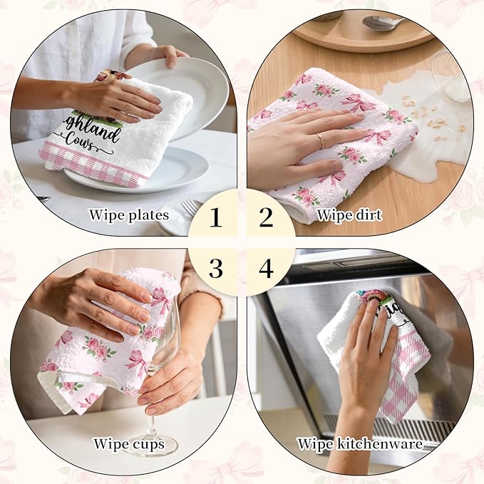 Highland Cow Kitchen Towels Set of 2 - Absorbent Dish Towels for Kitchen Drying, Cute Cow Dishcloths with Pink Bow Design, Decorative Dish Towels, Housewarming Gifts for Women Cows Lovers