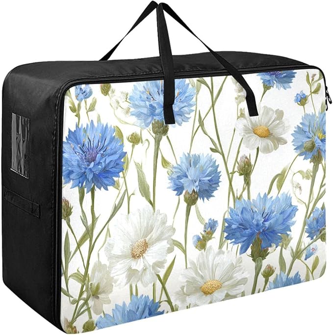 Comforter Storage Bags Large Folding Blanket Organizer Bag with Strong Handles Clear Window Closet Storage Containers for Clothes King Queen Pillows Bedding Quilt Duvet Blue Cornflowers Butterf