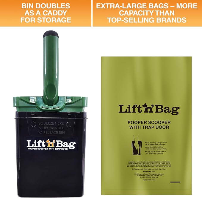 Neater Pet Brands Lift N’ Bag 2.0 Dog Pooper Scooper with Bag Attachment for Small to Large Dogs, New & Improved Design, 60 Refill Bags, Heavy Duty Dog Poop Scooper for Yard & Walks, One-Hand Use
