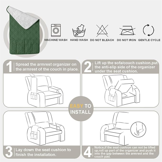 Recliner Armrest Cover with Headrest, Chair Armrest Slipcover with Side Pockets, Water-Resistant, Non Slip Furniture Protector for Pets (Green,1 Seater 3PCS)