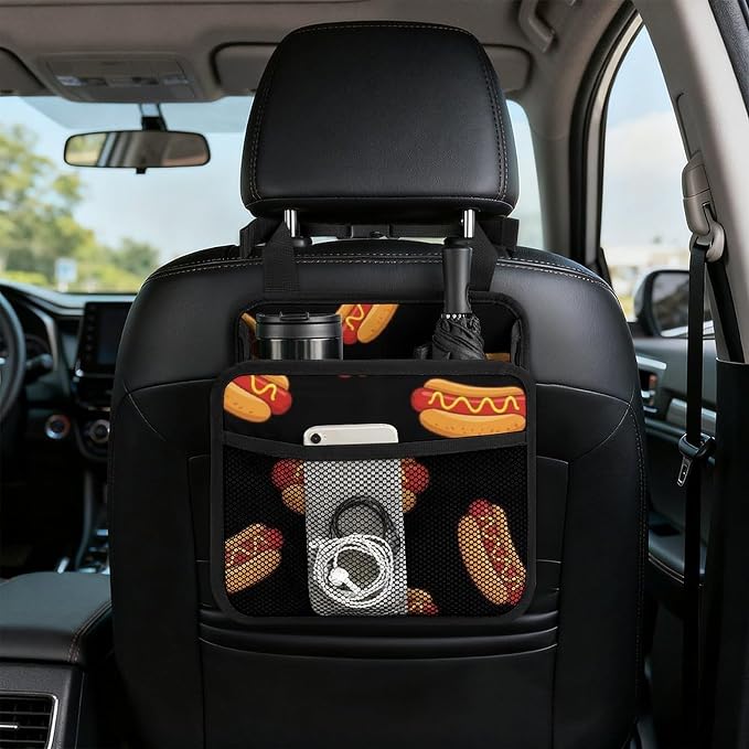 Car Backseat Organizer Hanging Seat Back Accessories with Pocket, Fun Food | Hotdog Hot Dogs, Auto Storage Organizer with Adjustable Buckle, Universal Fit Front Back Headrest