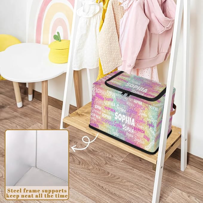 Personalized Storage Bins with Zipper Lid, Customized Name Storage Basket Rectangle Clothes Organizer for Kids and Pets Toys Shelf Closet, Colorful Bling Sequins Glitters Pink and Yellow