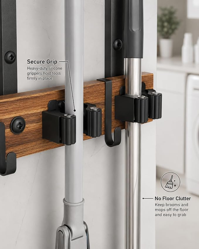 Broom and Mop Holder Wall Mount, 27" Large Organizer with Wood Shelf | Vacuum Holder, 5 Heavy-Duty Grippers, 5 Movable Metal Hooks for Laundry Room, Garage and Utility Closet Organization