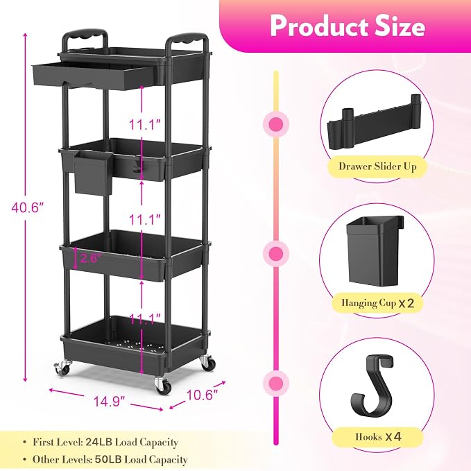 SUNALLY Makeup Cart Organizer with Drawer,4 Tier Rolling Makeup Cart, Black | Rolling Vanity Storage for Skin Care Perfume Nail Polish, Floor Skincare Organizers Cosmetics Display Bathroom Storage Cart