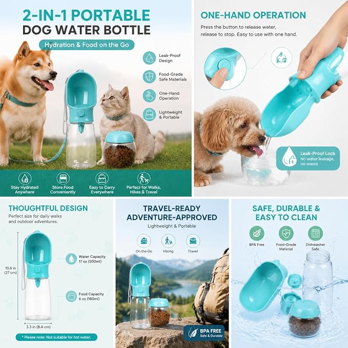 2-in-1 Dog Cat Portable Water & Food Travel Dispenser Bottle(Pink) | 2-in-1 travel pet cup with 500ml water & 180ml food storage, leak-proof portable feeder for dog cat walking hiking trips