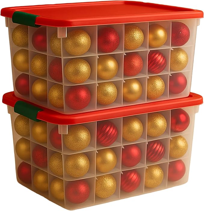 HOMZ 2-Pack Holiday Tote, Clear Plastic Storage Bins w/Lids & Dividers, 112 Quart, Red - Stackable Organizing Containers for Christmas Ornament Decorations, Gift Wraps, and Crafts