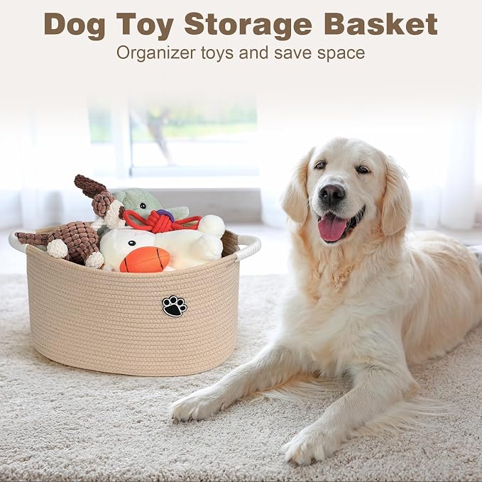 Optish 25L Dog Toy Basket,16.5" x 11" x 9" Medium Toy Storage Box and Bin with Handles, Woven Rope Foldable Basket for Blankets, Living Room, Bedroom, Home Decor, Camel