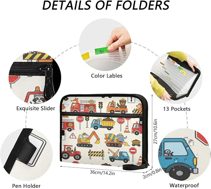 Colorful Construction Truck 13 Pocket File Organizer Expanding File Folder with Front Pouch Portable Business File Storage Document Organizer Folder with Zipper