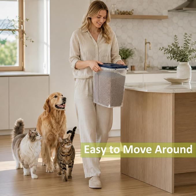 5-10 Lbs Airtight Cat Dog Food Storage Container, 8QT Compact Pet Food Bin | Plastic Food Container with Buckle-Lock Lid & Scoop for Dog, Cat, Bird Seed, Pet Food, Chicken, Dry Food, Rice, Cereal, Flour