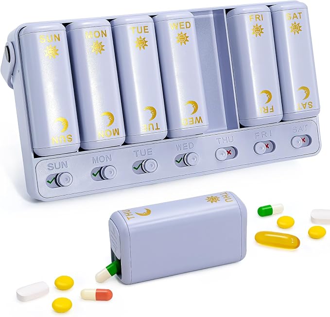 Weekly Pill Organizer 2 Times a Day, AM PM Travel Pill Organizer 7 Day for Vitamin Medicine Supplement Fish Oil, Blue Twice a Day Medicine Pill Box with a Rotatable Handle