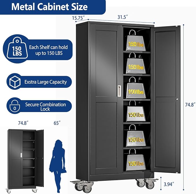 Ckzbx Metal Garage Storage Cabinet with Locking Doors and Adjustable Shelves,75" H Rolling Tool Storage with Wheels for Garage,Office (Black)
