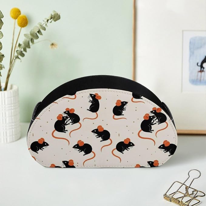 Remote Control Holder Cute Rat 5-Slot Office Storage Caddy Box | Makeup Brush Organizer, Pu Leather, Cute Rat Desktop Accessory for TV Remotes Media Player