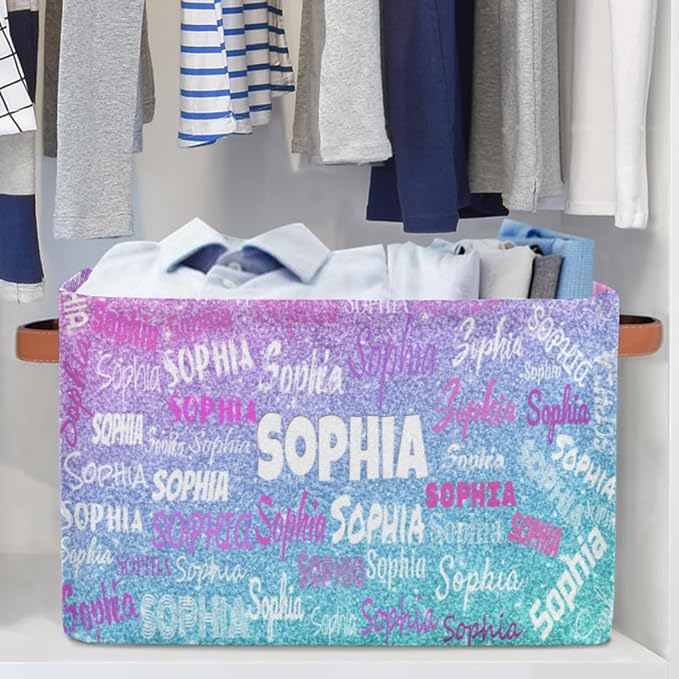 Personalized Name Storage Basket, Gradient Purple Blue Glitters Print | Organizing Boys Girls Pets Toys Closet Shelf Clothes Books