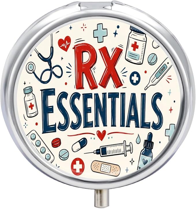 Healthcare Essentials Doodle Collage Round Pill Box with 3 Compartments, Portable Travel Pill Organizer with Spring Snap Closure for Vitamins Supplements Fish Oil