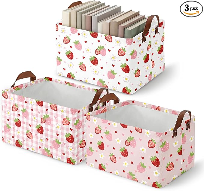 Britimes Strawberry Storage Baskets for Gifts, Toy Storage Bins Box, 3 Pcs | Cute Strawberry Canvas Collapsible Baskets Organizer with Handles Pink Nursery Decor Laundry Basket for Shelves Closet