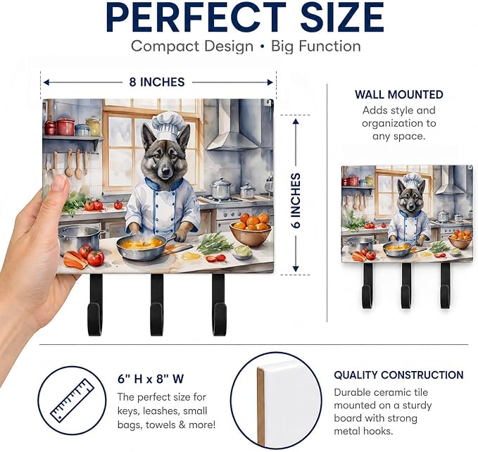 Caroline's Treasures Norwegian Elkhound The Chef Leash or Key Holder Wall Hooks, Key Hooks Holder, Coat Rack Wall Mount, Coat Hooks, Hooks for Hanging Keys, Towels, Aprons, Leashes | Norwegian Elkhound The Chef artwork on ceramic tile with three steel ...