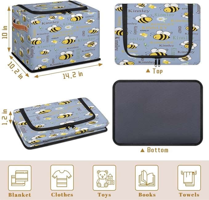 Personalized Storage Bins with Zipper Lid, Customized Name Storage Basket Rectangle Clothes Organizer for Kids and Pets Toys Shelf Closet, Cartoon Bee with Daisy Floral Grey Blue Background