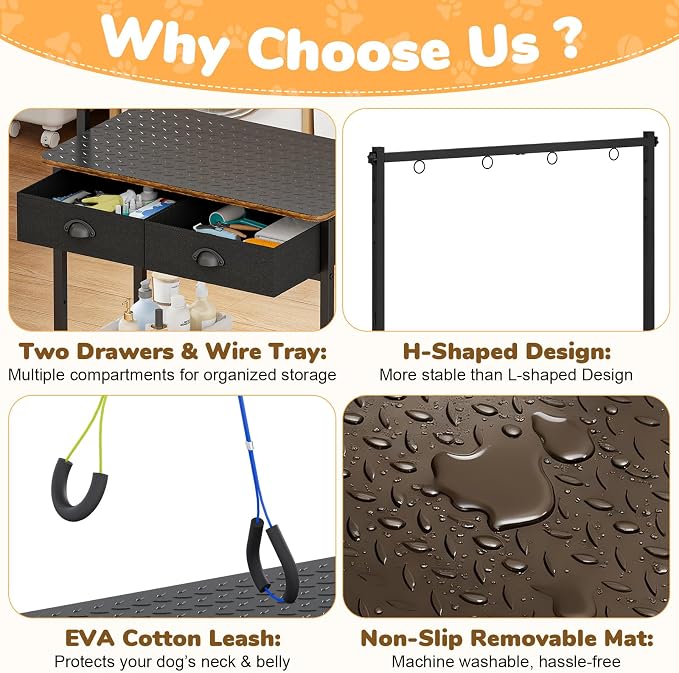 Cutogxon Dog Grooming Table for Small Dogs at Home | Adjustable Height Pet Grooming Table with Double Drawers,Mesh Tray,Non-slip Removable Washable Mat and EVA Protective Lanyard