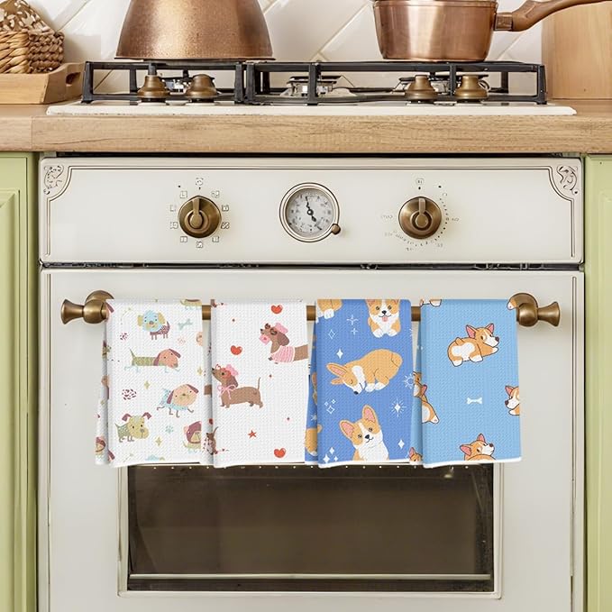 Hanamiya Na 4Pcs Adorable Cartoon Dog Kitchen Towels, Corgi & Dachshund Decorative Absorbent Microfiber Dish Cloth Tea Towel, Waffle Hand Towels for Farmhouse Home Bathroom, Dog Lover Gifts