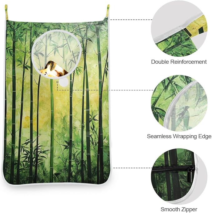 1PC Hanging Laundry Hamper Bag Over the Door Laundry Hamper Wall Hamper Large Dirty Clothes Hamper with Stainless Steel Hooks 29.5x20Inch Green Bamboo Forest Silhouette Sunset