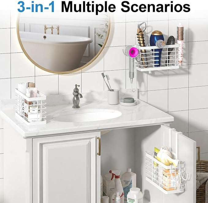 2026 Upgraded 3-in-1 Universal Hair Tool Organizer, XL Size, White | Adjustable Height Metal Hair Dryer Holder, Wall Mounted, Over Cabinet Door, Countertop, Bathroom Storage