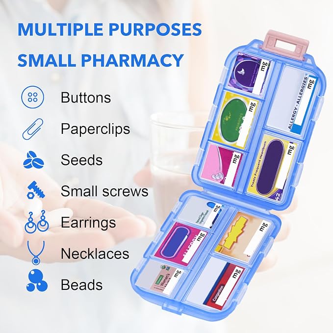 Large Travel Pill Organizer with 189 Stickers, 10 Compartments Travel Medicine Organizer Travel Pill Box Pill Case for Purse Airplane Car Nurse Vacation Essentials (Blue, 1 Pack)