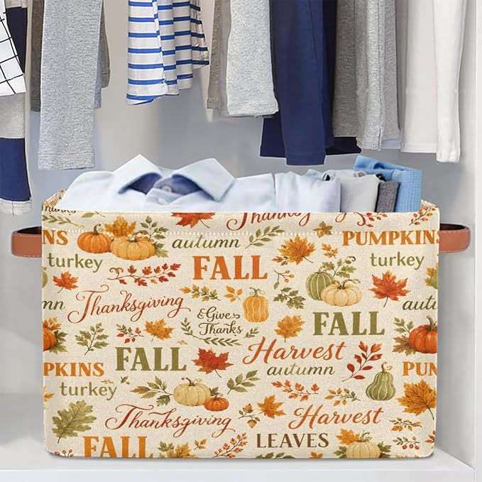 Fall Autumn Basket Storage Bins Rectangle Canvas Basket Cube Storage Box | Nursery Foldable Basket with Handle for Kids Girls Boys Toys Living Room Closet Organizer Shelf Gifts Thanksgiving Pumpkin
