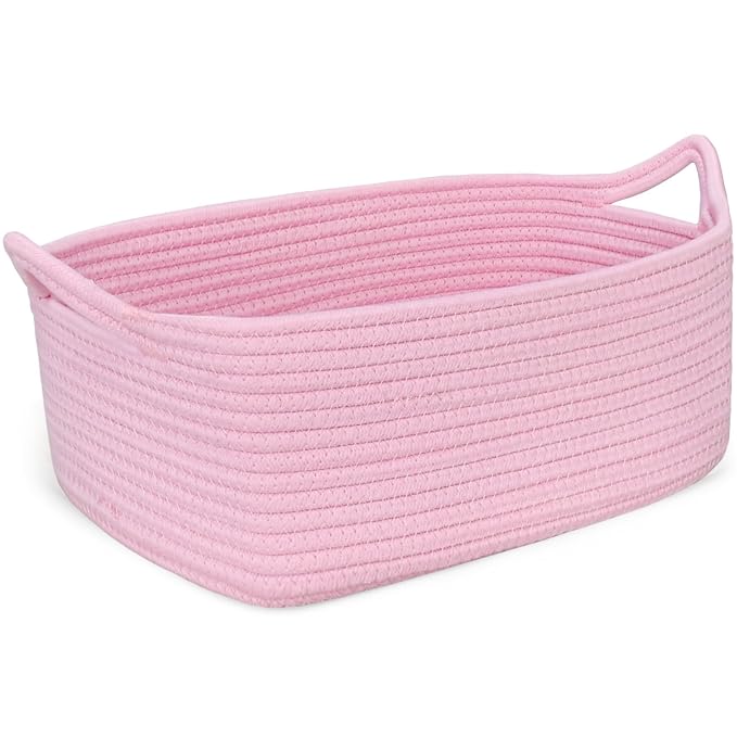 ABenkle Small Storage Basket with Handles, Cotton Rope Woven Dog Cat Toy Bin, Decorative Shelves Closet Organizing for Nursery Laundry Bedroom Bathroom, 14.2''x 11''x 5.1''