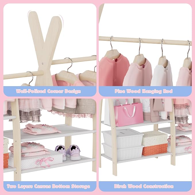 HedoAjim Kids Clothing Rack Dress Up Storage Closet for Girls Baby Garment Wardrobe Toddler Costume Closet with Double Hanging Rod Wood 2 Tier Bottom Storage Shelves (Double Tires)