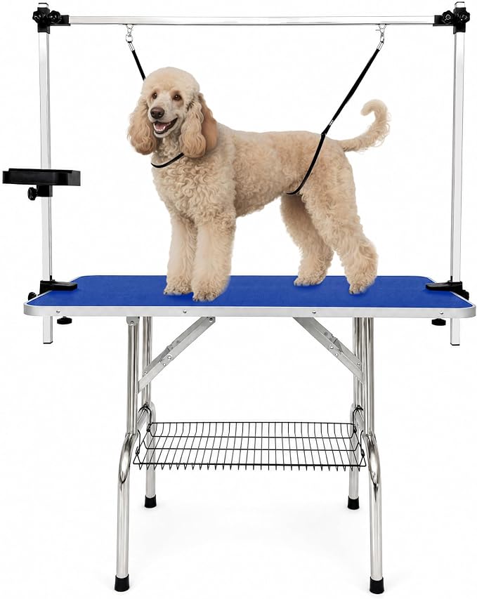 46'' Stainless Steel Dog Grooming Table, Foldable Pet Grooming Stand, Adjustable Arm, 2 Nooses & 2 Storage Baskets, Anti-Slip Top, Capacity, Medium Large Dog Cat Home Salon, Blue