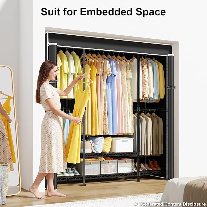 E3C Heavy Duty Portable Closet Wardrobe with Black Fabric Cover | Freestanding Metal Closet System Storage Organizer for Clothing, Clothing Rack Holds up to 850 lbs, 59.5"W x 16.5"D x 77.4"H