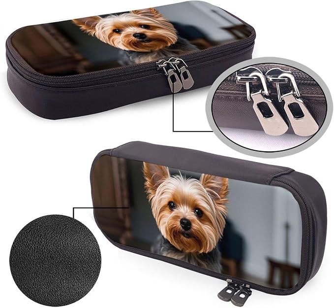 Leather Pen Case with Zipper - Aesthetic Pen Holder Cute Pet Yorkie Pencil Case for Women & Men - Handcrafted Pencil Bag Multi-Functional Travel Cosmetic Case for Work Office Tool Pouch