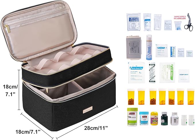 Lexeeco Travel Medicine Pill Bottle Organizer Bag with Portable Small Pouch | Medication Case with Lockable Zipper for Pill,Vitamin,Medicine Storage Box for College Dorm Student,Home,First Aid Bag Empty