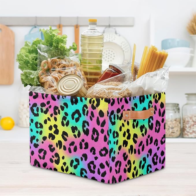 Leopard Basket Storage Bins Rectangle Canvas Basket Cube Storage Box | Nursery Foldable Basket with Handle for Kids Girls Boys Toys Living Room Closet Organizer Shelf Gifts Rainbow Neon