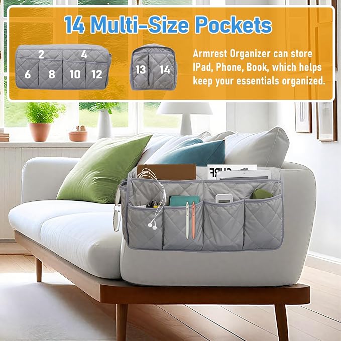 Armchair Caddy, Remote Control Holder for Recliners, Sofa Armrest Organizer, Non Slip Recliner Organizer, Couch Caddy with 14 Pockets Storage for TV Remote, Phone, Magazine (Grey)