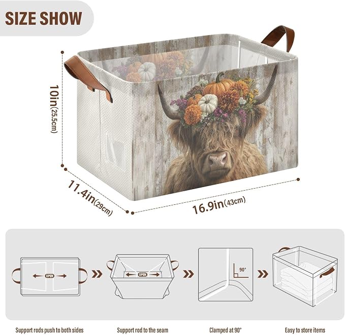Rustic Pumpkin Fall Highland Cow Storage Basket Foldable Cube Storage Bins with Handles&Label Waterproof Organizer Box Bin Large Rectangle Decorative Baskets for Shelves Home Room Laundry Party