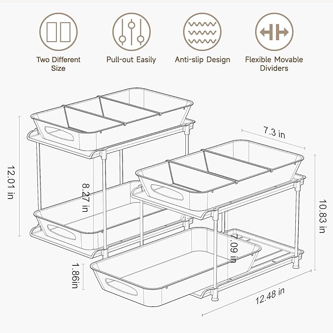 2-Pack 2-Tier Under Sink Organizer with Pull Out Drawers | Multi-use kitchen & bathroom storage. Includes hanging hooks and cups. transparent, space-saving cabinet design. 12.8 Inch