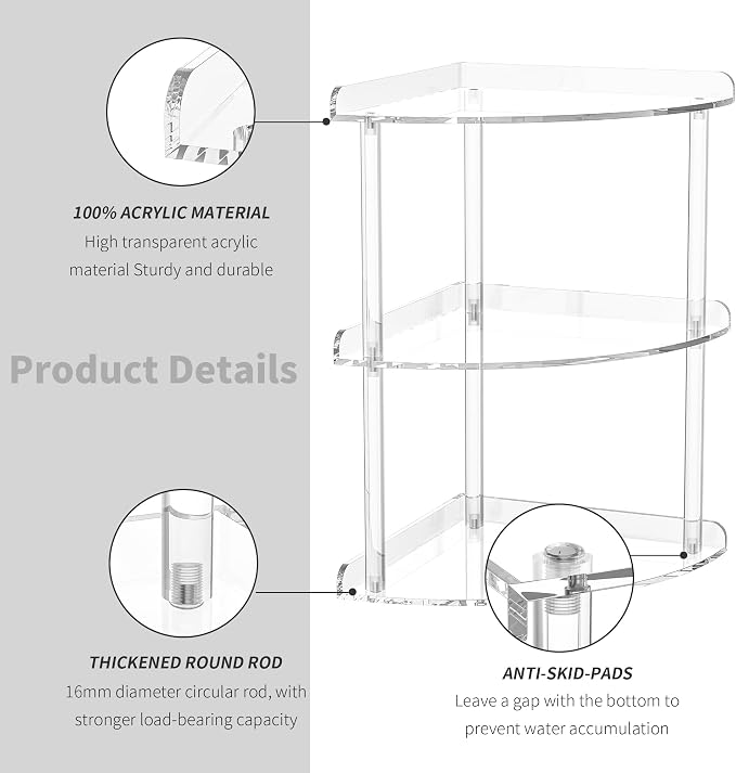 Sezanrpt 3 Tier Acrylic Corner Shelf Organizer Storage 9.5x9.5x15.7 Inch, Transparent Countertop Corner Shelf for Bathroom, Kitchen, Bedroom, Office, Study Room