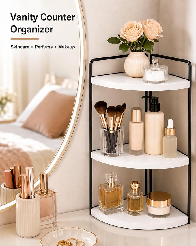 3-Tier Corner Bathroom Counter Organizer, Solid Pine Vanity Shelf, White | Solid pine 3-tier corner shelf with 6.3 in clearance for tall bottles in bathroom, vanity, kitchen, or coffee bar.