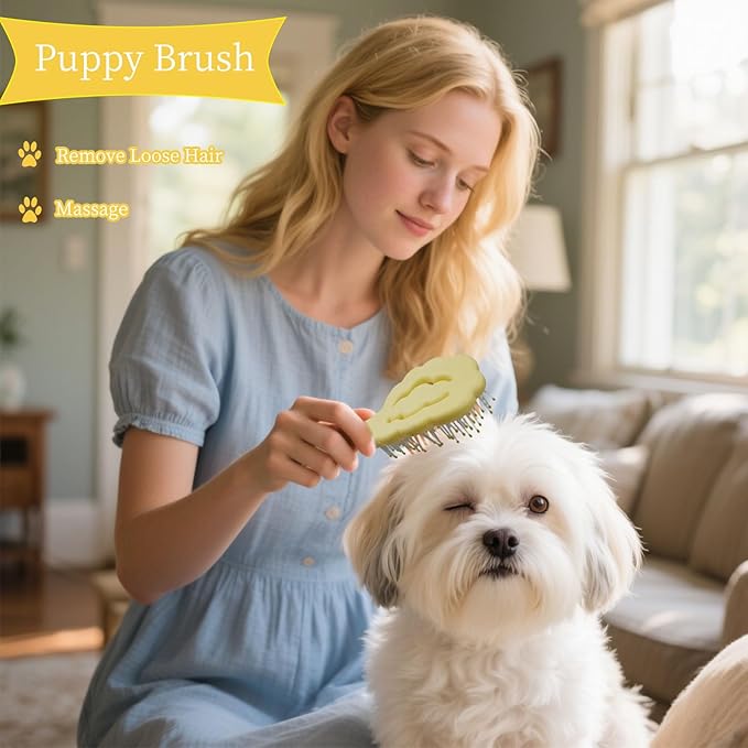 Cloud-Shaped Soft Bristle Small Dog Brush - Hollow Back Design for Easy Grooming - Ideal for Yorkie, Shih Tzu, Maltese Maltipoo Pomeranian- Puppy Essentials , Pet Hair Removal Essentials (Yellow)