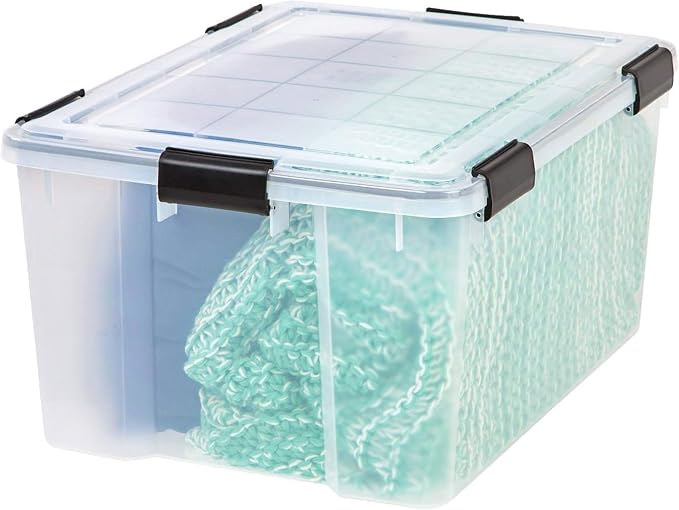 IRIS USA WeatherPro Storage Bins with Lids, 63 Qt, Clear, 4 Pack | Heavy-duty gasket seal protects food, clothing, camping gear, tools, emergency supplies, and keepsakes from moisture.