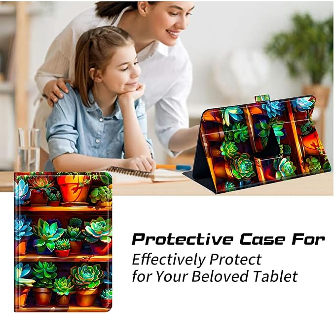 Universal Tablet Case for T-Mobile Revvl Tab 2 10.1" 2025/Revvl Tab 5G 10.36" 2023, 360 Degree Rotating Kickstand Protective Stand PU Leather Shell Cover for 9"-10.5", Plant Succulent