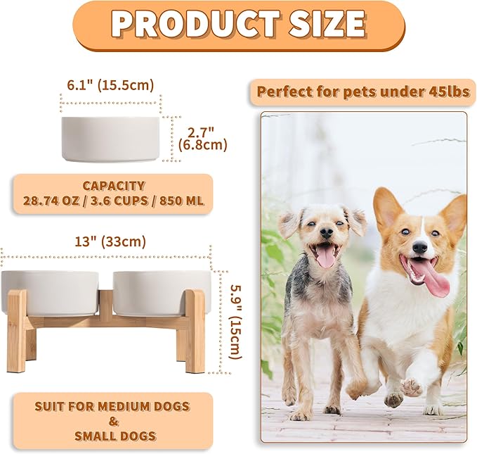 Elevated Ceramic Dog Bowl Set - Raised Dog Bowls with Non-Slip Bamboo Stand - Dog Food and Water Bowl Set - Double Dog Feeding Bowls - Suitable for Small and Medium Dogs - 3.6 Cups
