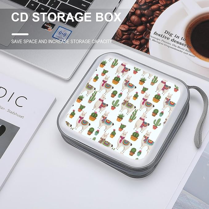 Hard Shell DVD CD Organizer Llama And Cactus, 40-Disc Storage Binder with Zipper Closure, Portable Protective Case for Travel Home