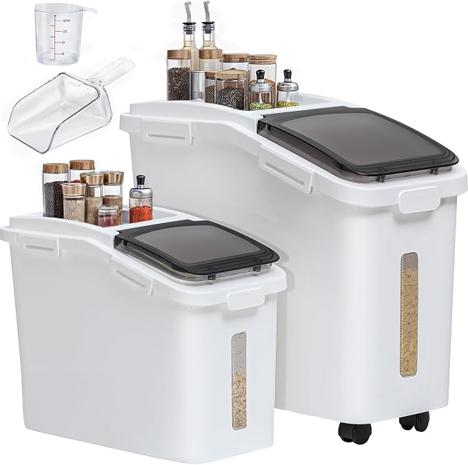 YITAHOME 65L/117lbs Rice Storage Bins, 11.4+5.8 Gal Rice Flour Storage Container with Measuring Cup,BPA Free,Scoop and Wheels for Kitchen| Flour| Pet Food| Grain,2 Counts,White & Black Lid