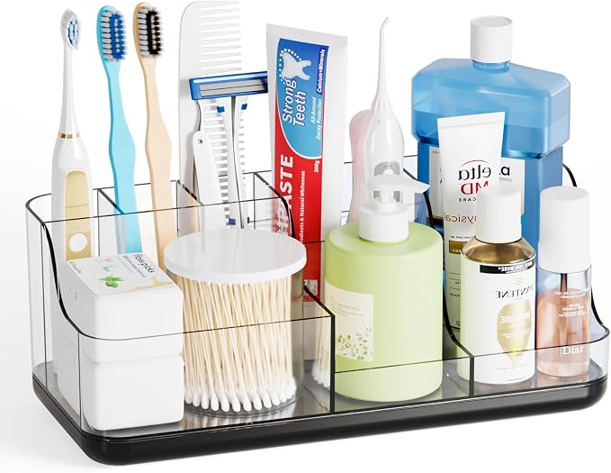 Mens Bathroom Organizer and Storage,Black Bathroom Sink Caddy Countertop,Large 7 Slot Vanity Bathroom Toiletry Organizers and Toothbrush Holders for Toothpaste,Electric Tooth Brush Organizer