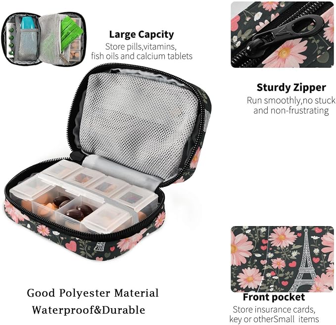 Fustylead Vintage Eiffel Tower Pink Hearts Daisy Flowers Travel Pill Organizer Bag with Zipper Small Pill Box 7 Day Pill Case for Purse Storage Weekly Vitamin Medicine Supplement