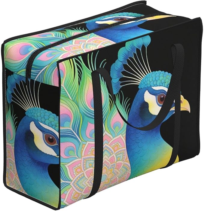 Oxford Fabric Reusable Laundry Bag Peacock With Pink Floral Whimsical Print, Heavy Duty Foldable Storage Tote with Carry Handles for Clothes and Linens