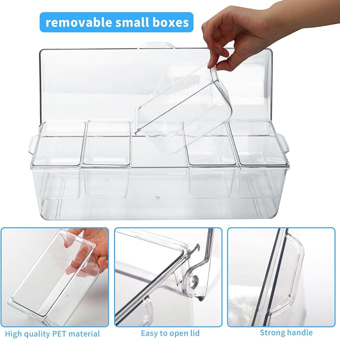 Tefola Ice Chilled Condiment Caddy with Lid, 5 Compartment Condiment Server Condiment Containers with Lids Serving Tray Platter for Bar Accessories, Fruit, Salad, Taco, Party Garnish (1, Clear)